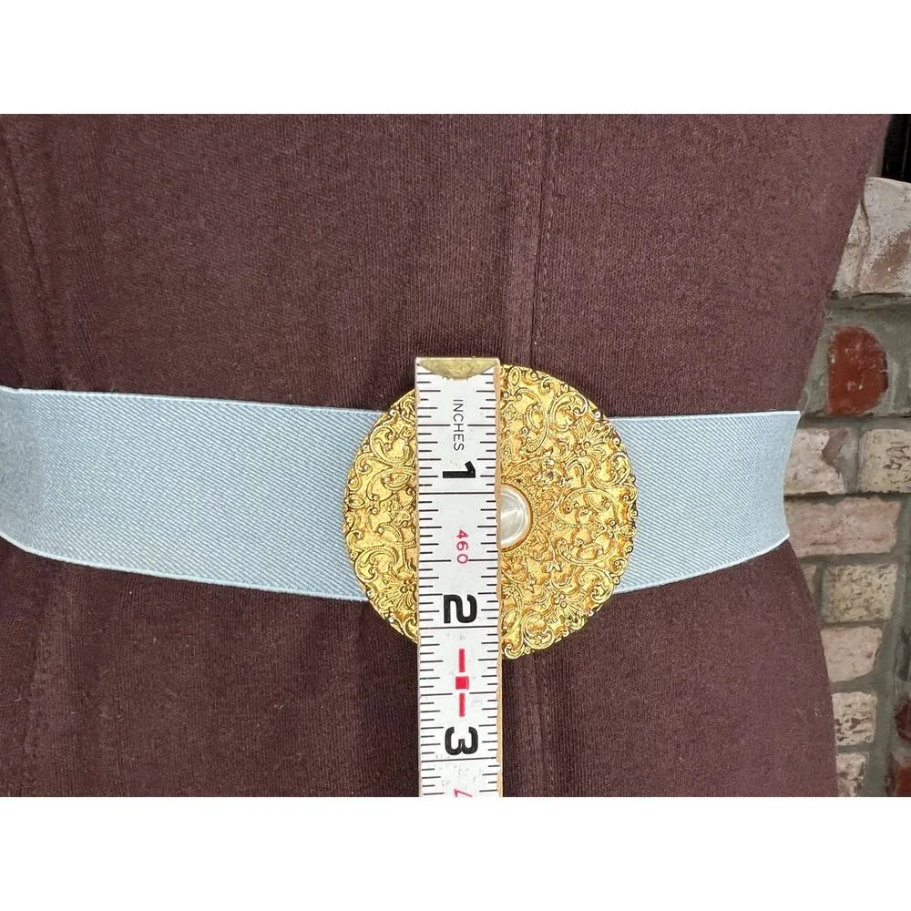 Gutos W germany elastic belt round filigree clasp goldtone blue 1980s - Image 2