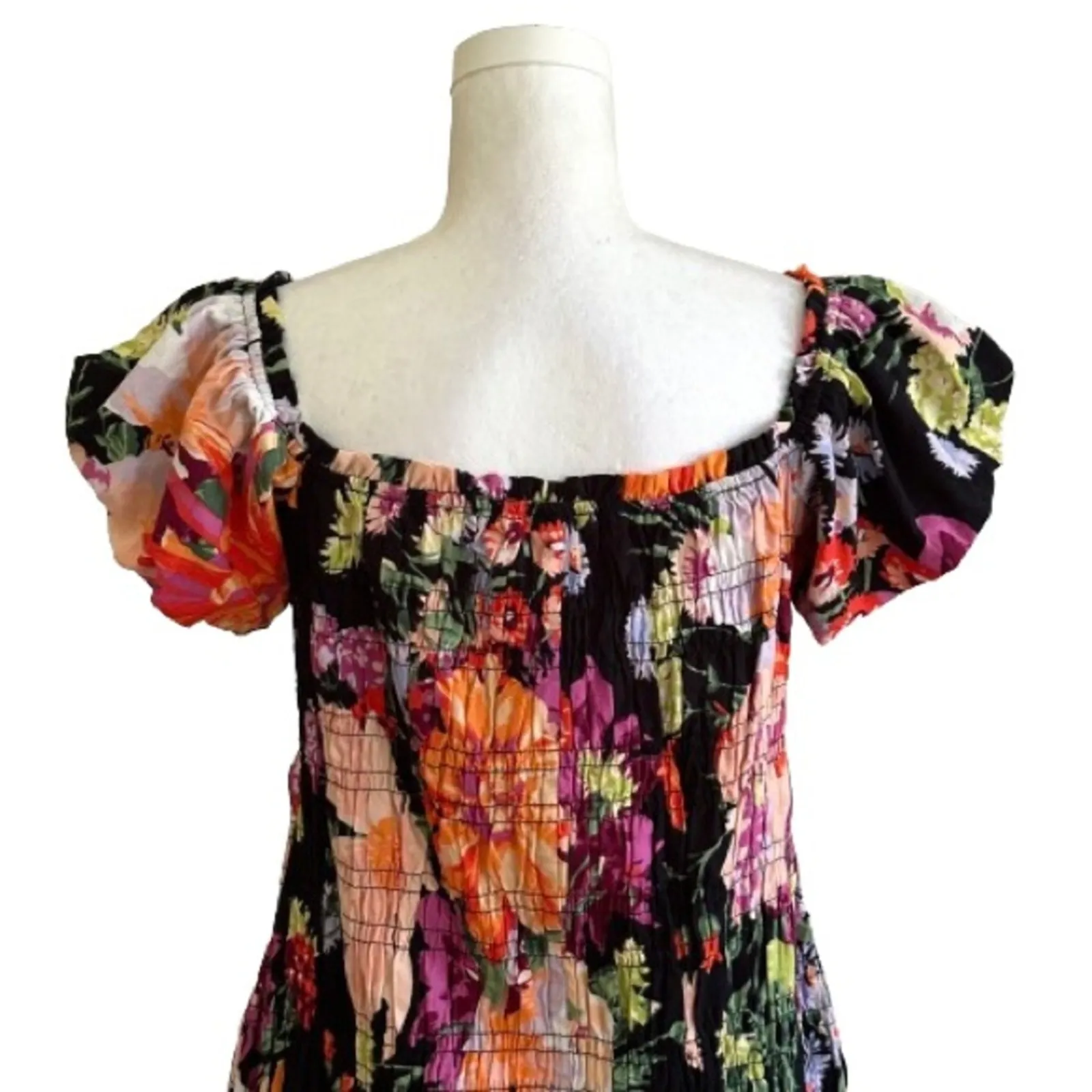 H&M Dress Black Pink Orange Floral Smocked Off Shoulder Puff Sleeve Large NEW - Image 7