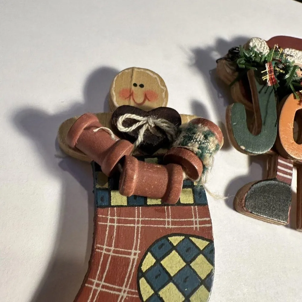 Handmade Wood Christmas Holiday Brooch Pins Lot Of 2 Santa / Stocking - Image 4
