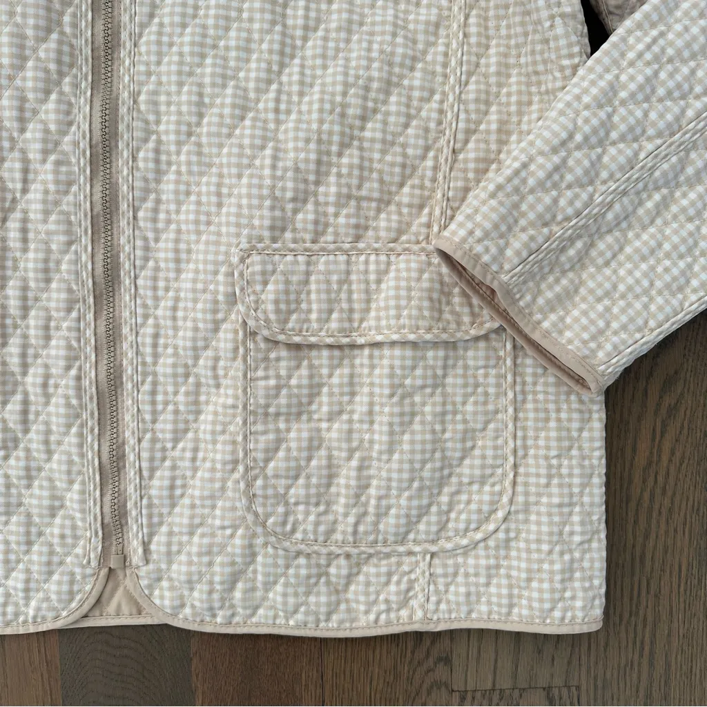 Vintage Bill Blass Gingham Reversible Quilted Chore Coat Beige and White Large - Image 6