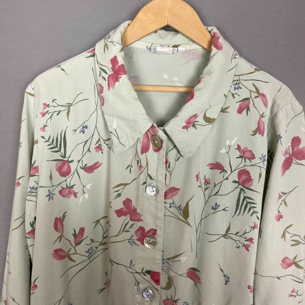 Vintage Top Lightweight‎ Jacket Shell Button Women Green Tencel Rayon Floral 90s Size L - Image 7
