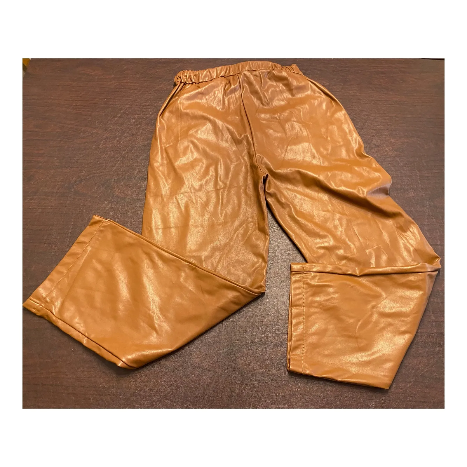Zenana Faux Leather Straight Leg Pants Brown Pull On Elastic Waist Medium - Image 2
