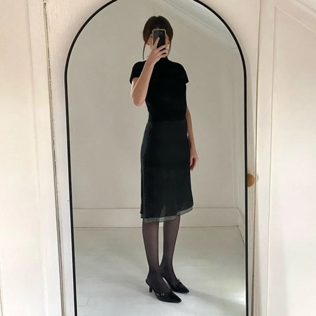 Emporio Armani Vintage 90s Mock Neck Wool Knit Contrast Pencil Dress Size 38 - Image 4