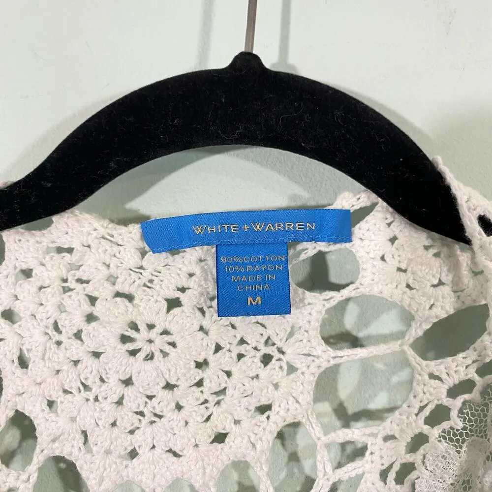 White + Warren Women's White Crochet Lace Applique Open Front Cardigan Size M Size M - Image 4