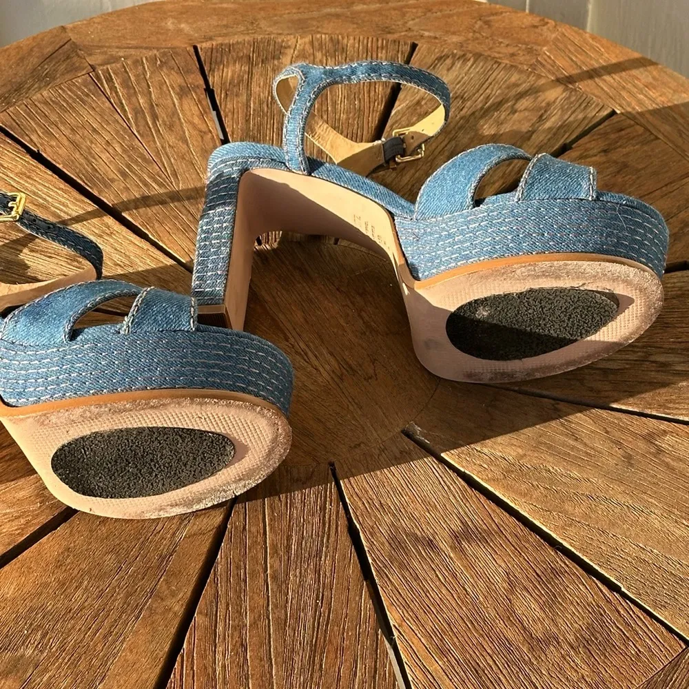 Schutz blue denim and brown stitching chunky heel - Image 3