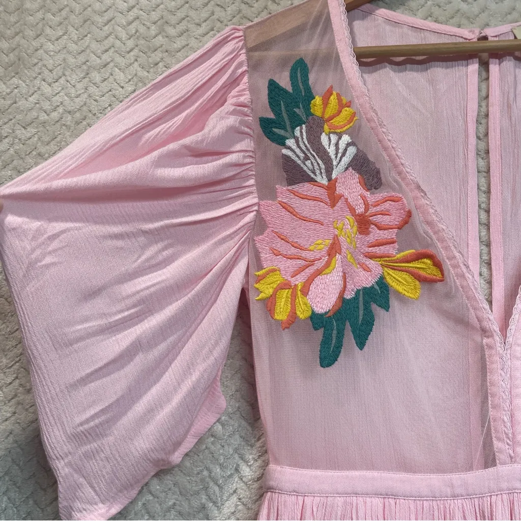 Cleobella Hayden Pink Mini Dress Boho Floral Embroidery Plunging Neckline XS - Image 10