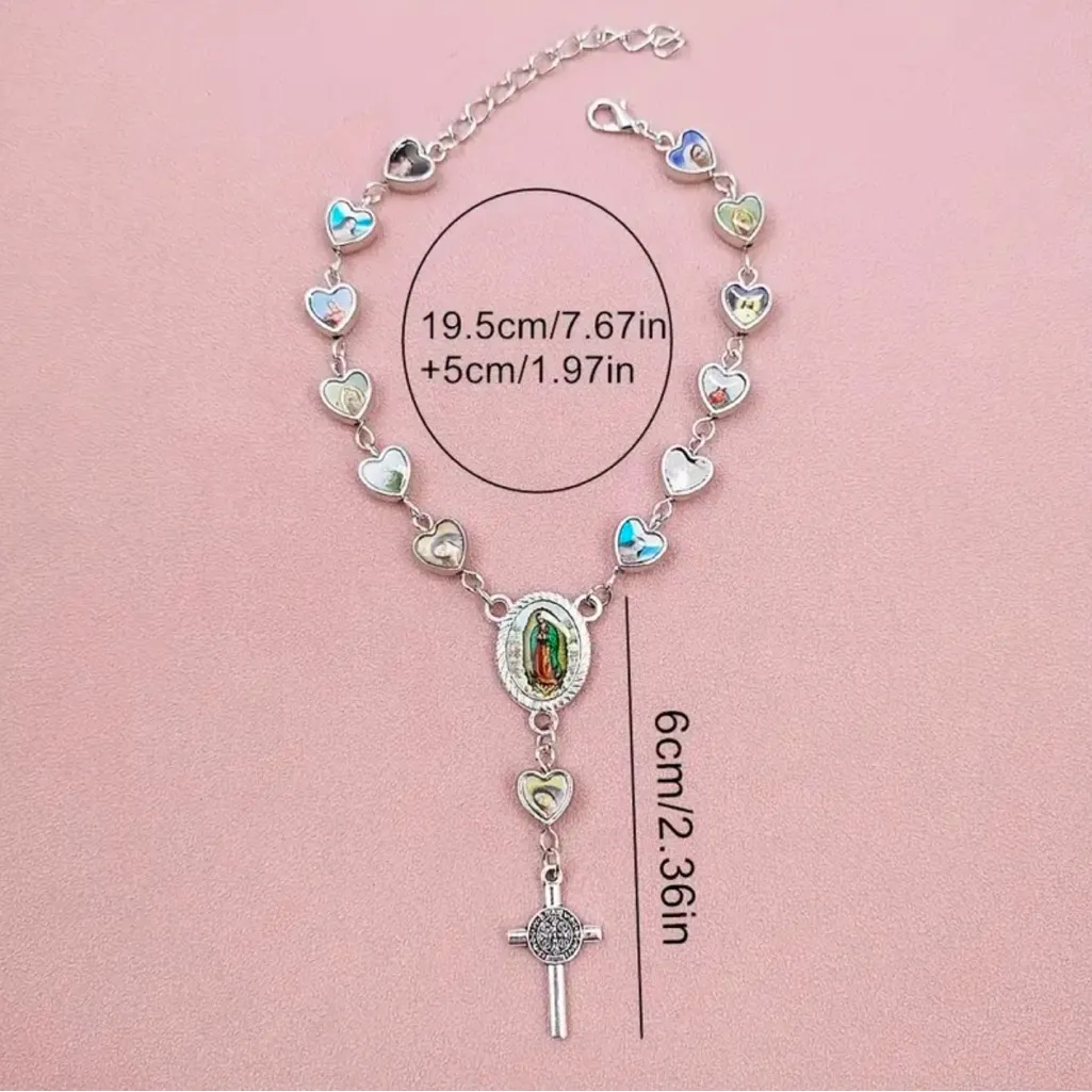 Lovely Heart Shaped Cross Pendant Rosary Bracelet, Virgin Charm Silver‎ Plated Silver - Image 5