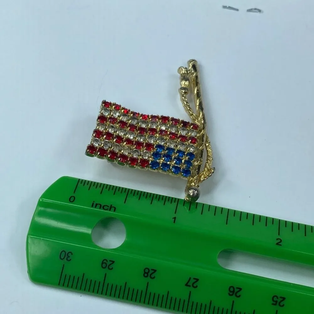Vintage USA American Flag Patriotic Pin Brooch Rhinestone Red White Blue Gold - Image 11
