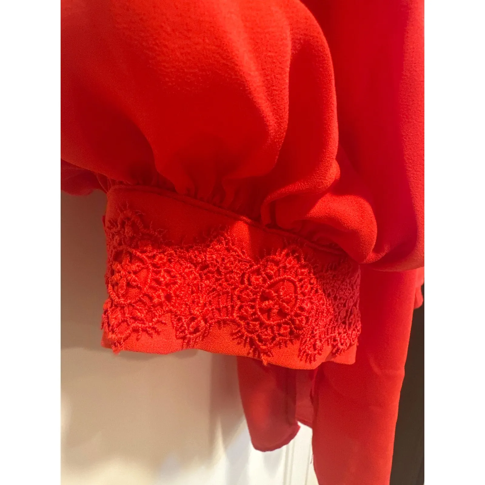 ODDI Red Blouse Top Size M Button Down Long Bishop Sleeve Crochet Trim - Image 3