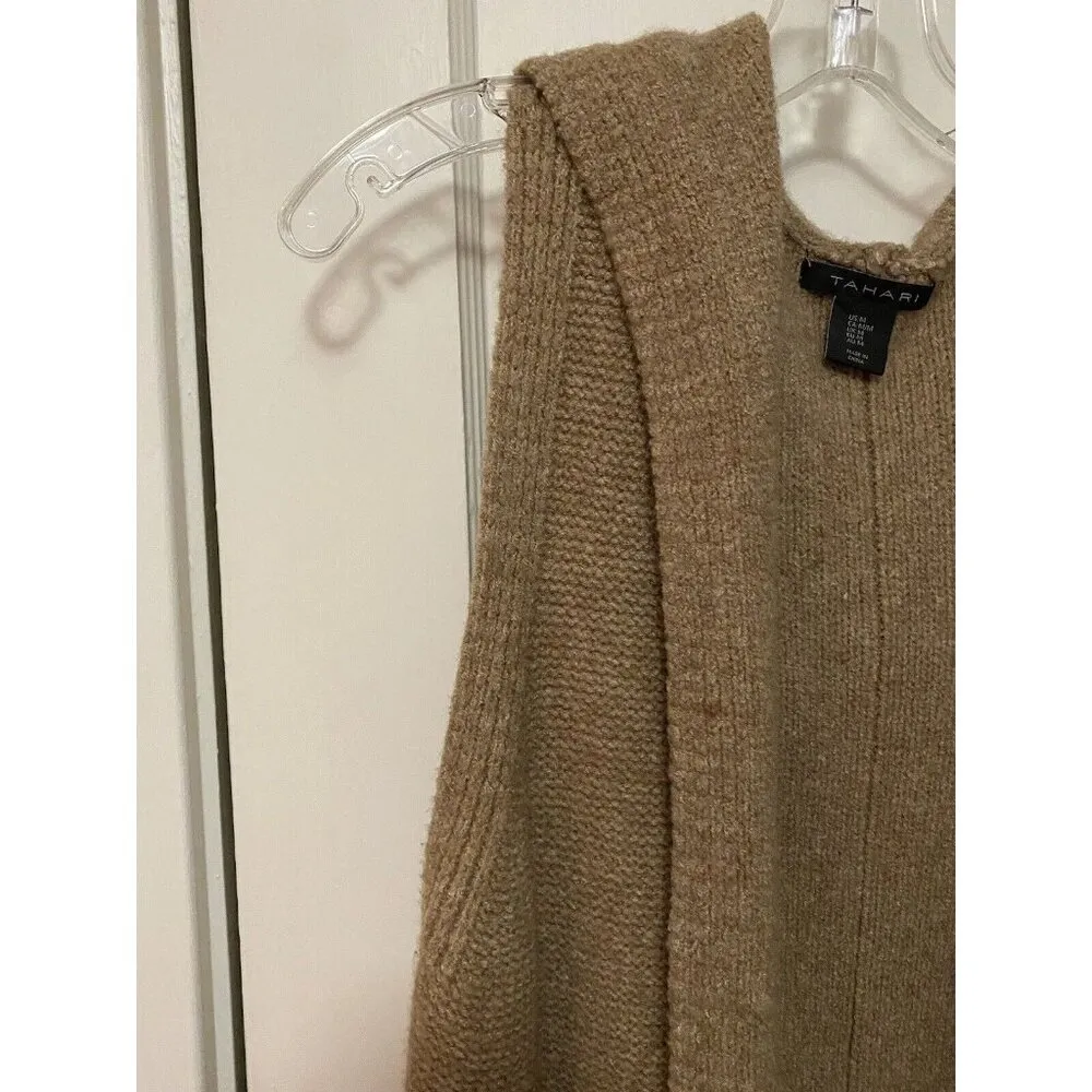 Tahari Cardigan Vest Women Size M Dark Beige Hooded Longline Pockets Sleeveless - Image 4