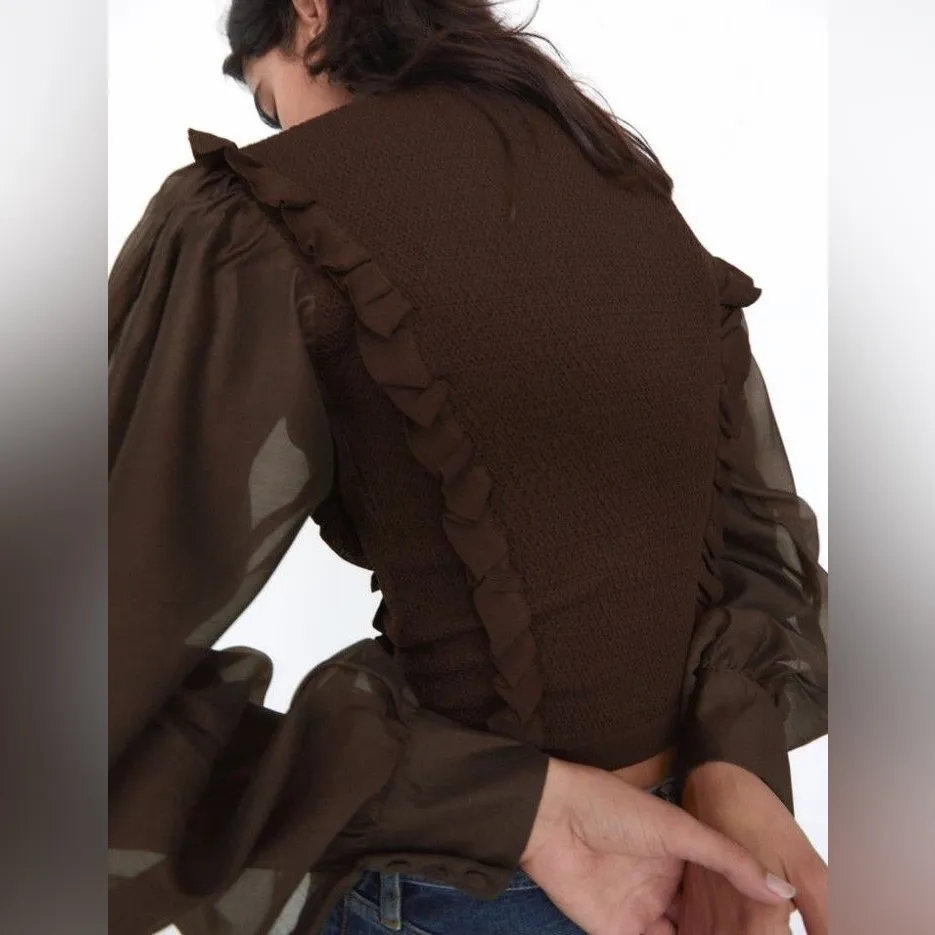 Zara Brown Ruffle Blouse Knit Puff Sheer Long Sleeves Crew Neck Sweater Top EUC - Image 2