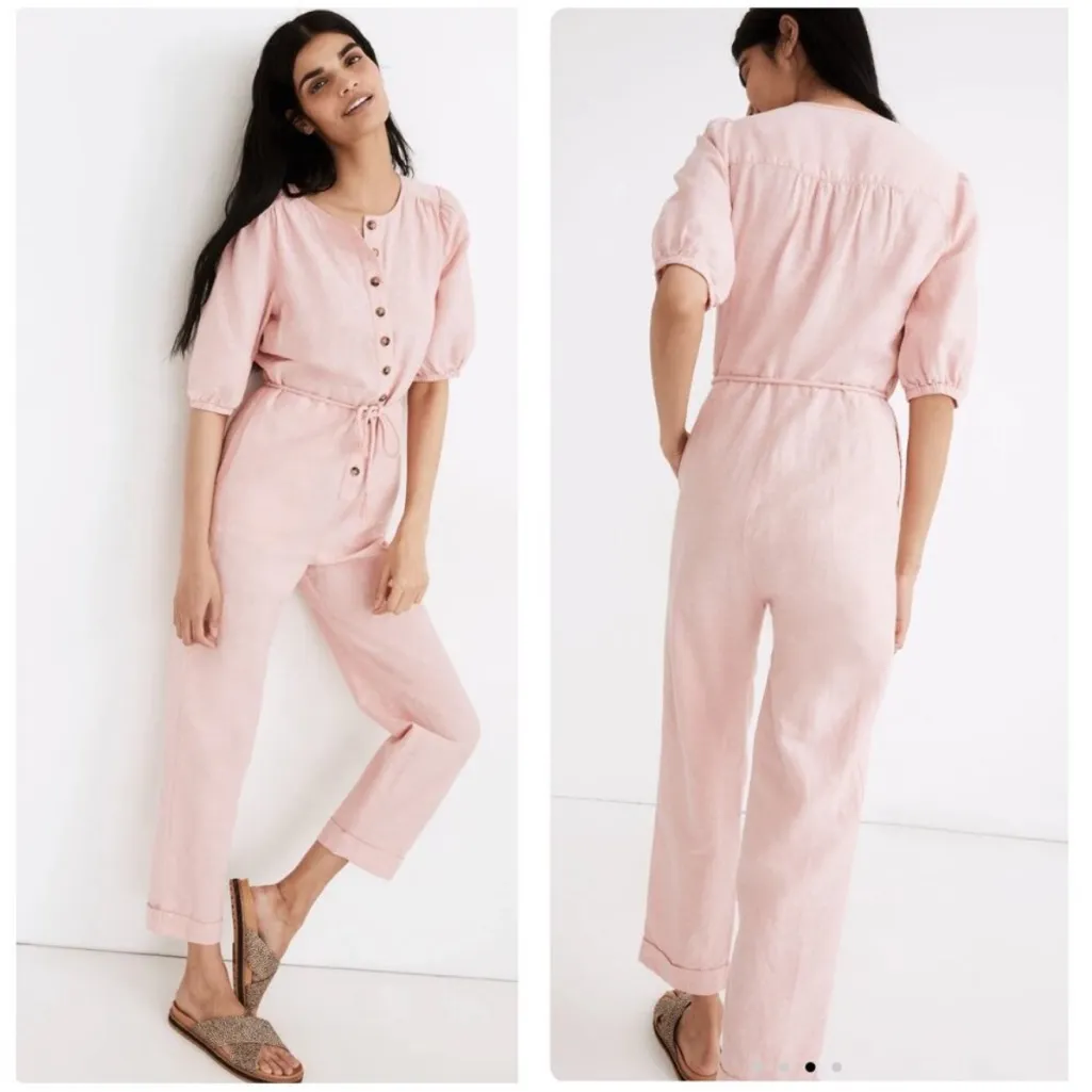 Madewell Pink Linen Puff Sleeve Waist Tie Jumpsuit Size S - Image 2