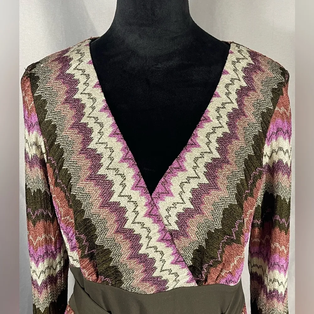 Chris McLaughlin Knit Dress Chevron Print Green Purple Brown 3/4 Sleeves Sz 14 - Image 7