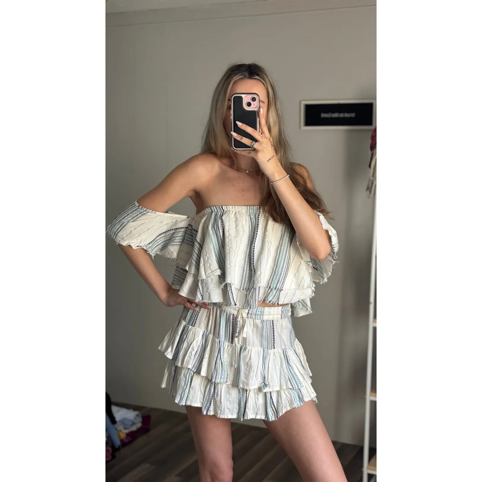 0140. NWT Pookie & Sebastian Ruffle Tiered Off‎ Shoulder Two Piece Set - Image 2