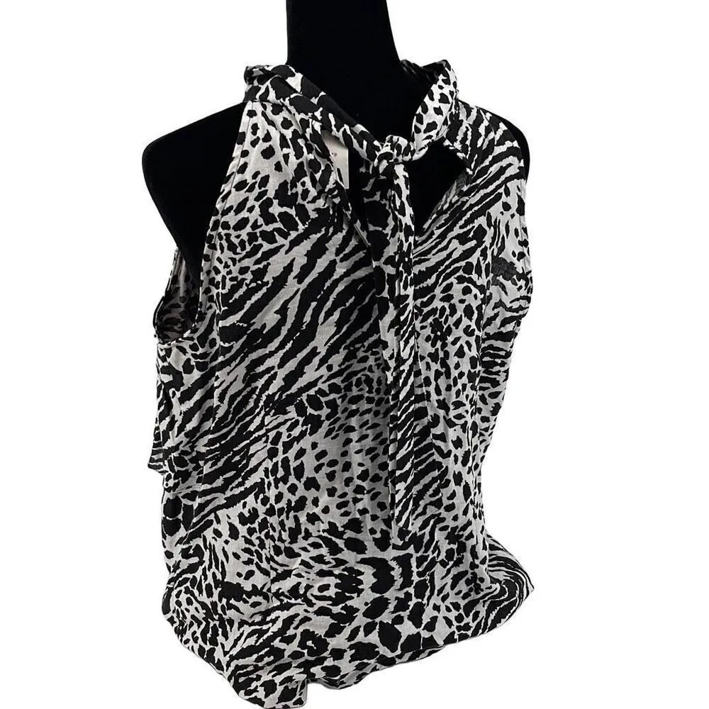 Elena Solano Mock Sleeveless Ruffle Animal Print Linen Blend Top Large Black Whi - Image 2
