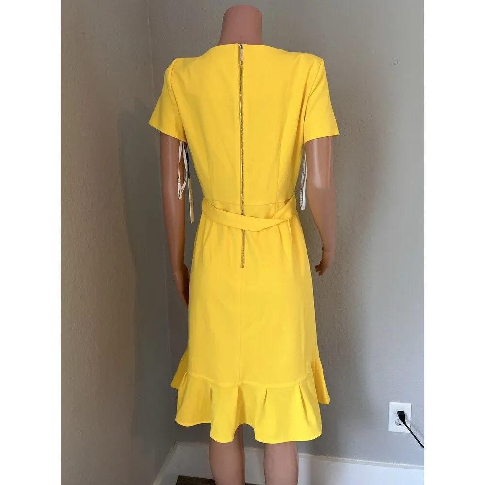 Calvin Klein Size 8 Short Sleeve Belted Ruffle Hem Wrap Mid Length Dress NEW - Image 6
