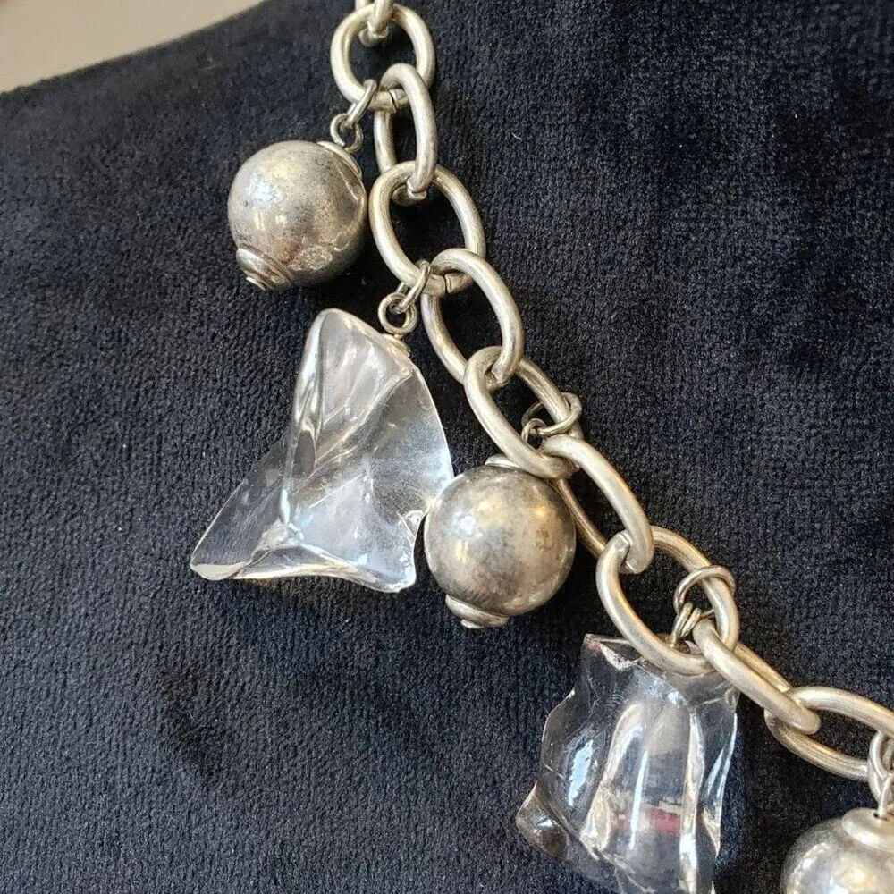 Women Clear Lucite Dangling Ice Chunks/Silvertone Beads Necklace w/Lobster Clasp White - Image 5