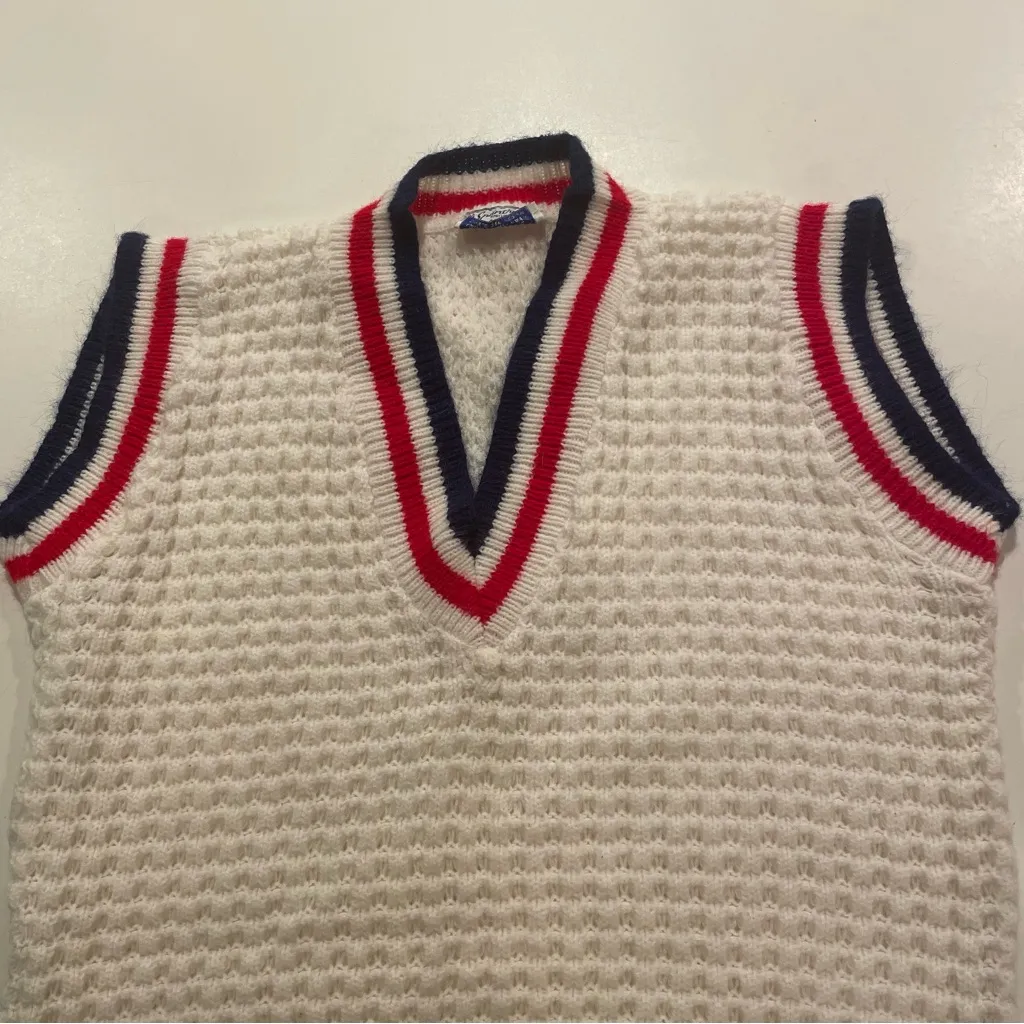 Vtg 80’s Spincraft Knitting Mills Block Knit Sweater Vest Women’s Med White Red - Image 6