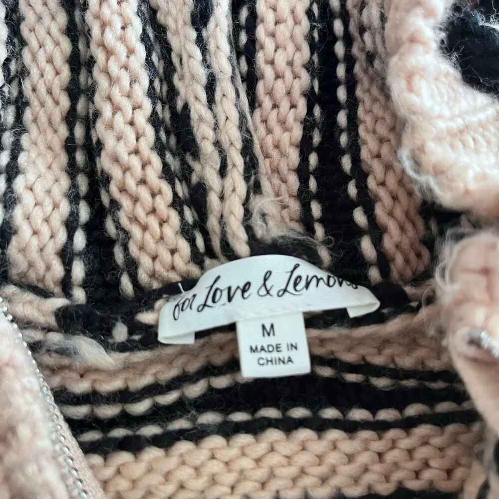 For Love & Lemons Elyse Cream Black Striped Knit Long Sleeve Half Zip Hoodie M - Image 3