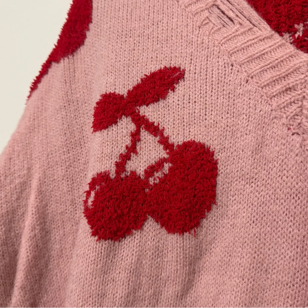 Altar'd State Cherries Pink V-Neck Sweater Distressed Size Medium Red - Image 5