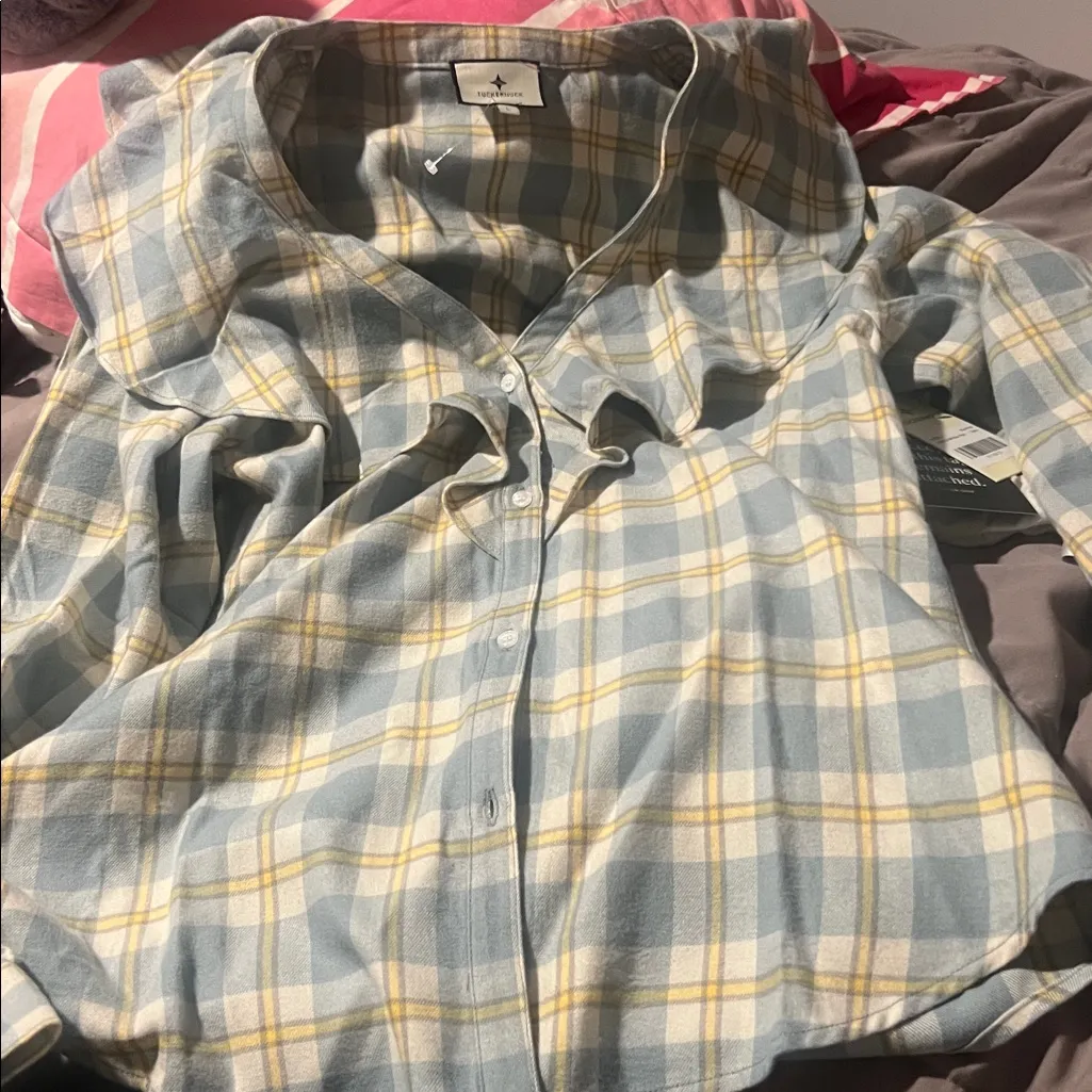 NWT Tuckernuck blue Plaid Ruffle Eileen button down blouse L - Image 9