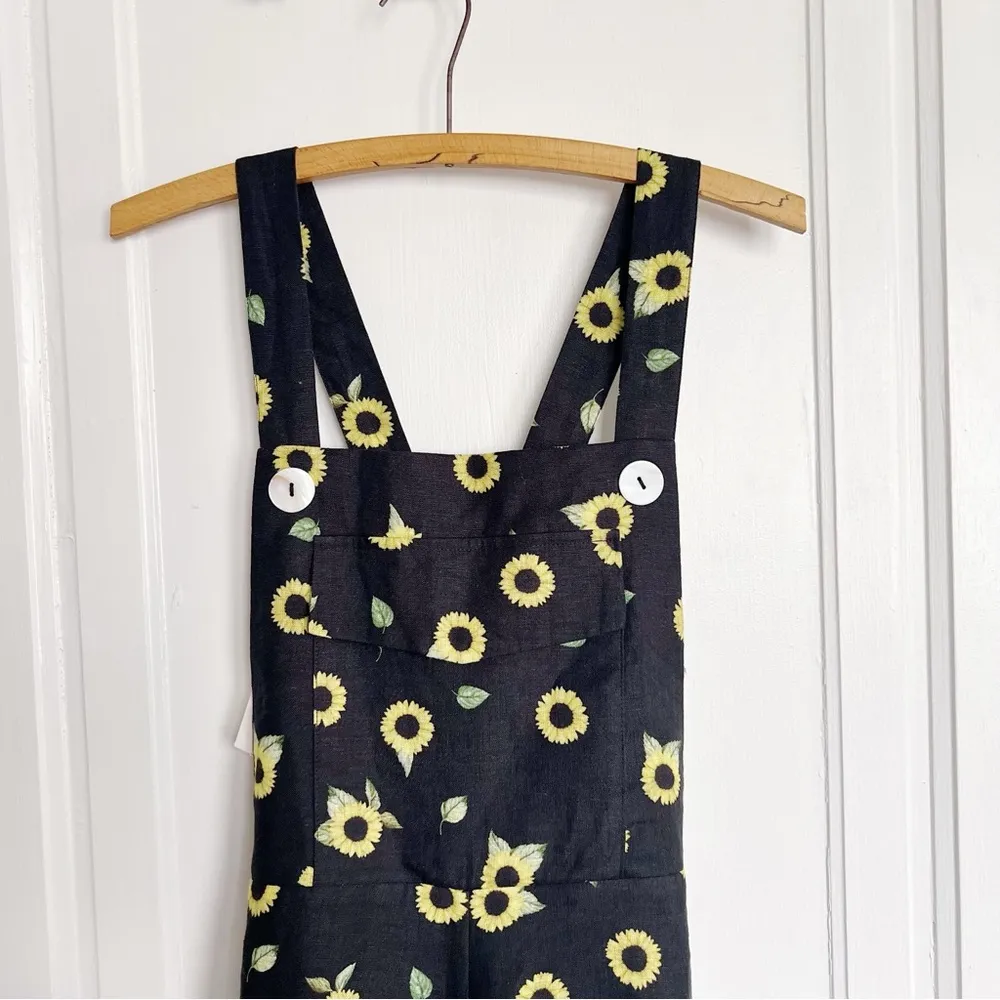 SLEEPER • Baccara Linen Jumpsuit overall black yellow sunflower print flare leg - Image 4