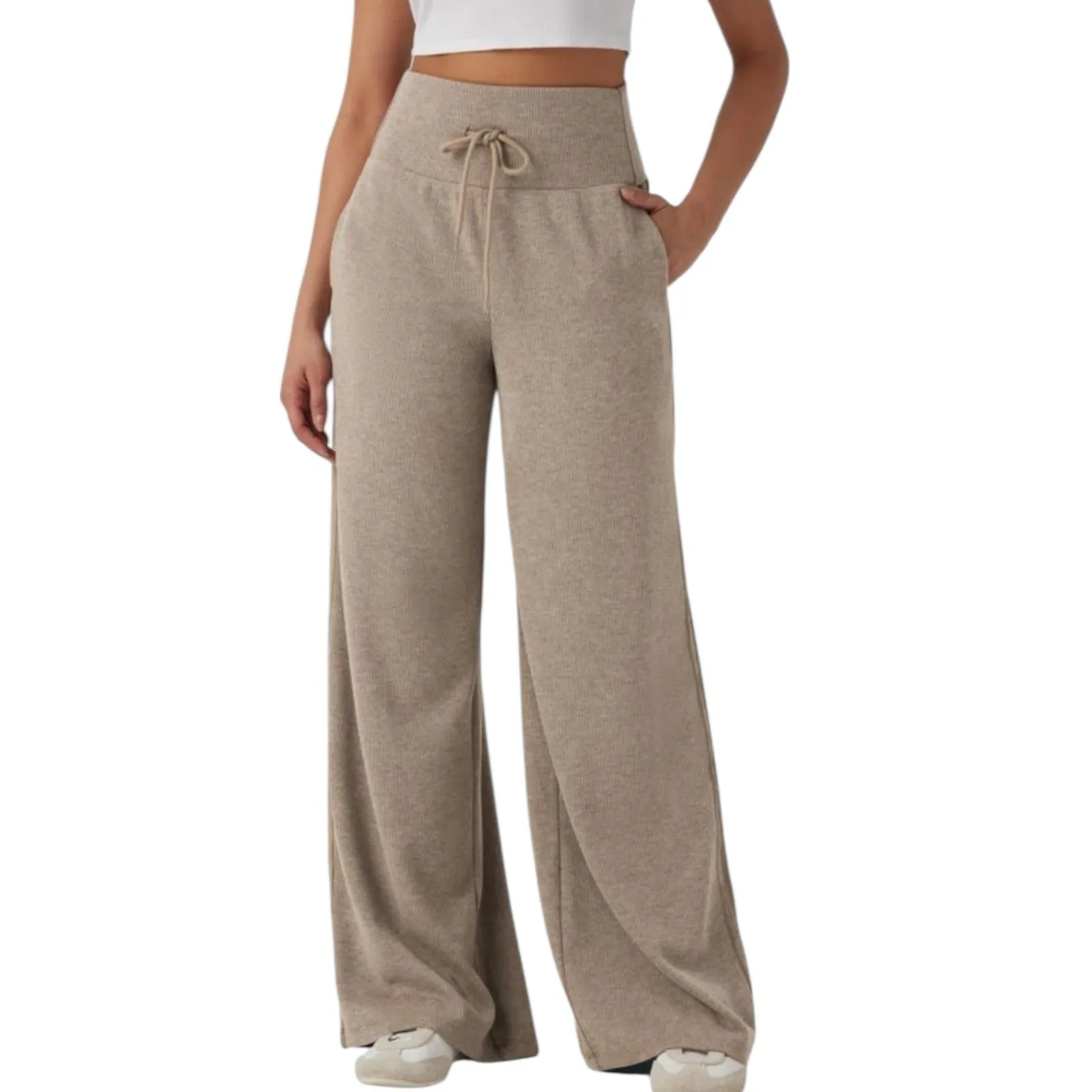 NWOT Halara Ribbed High Waisted Tummy Control Wide Leg Sweatpants Beige XS - Image 2
