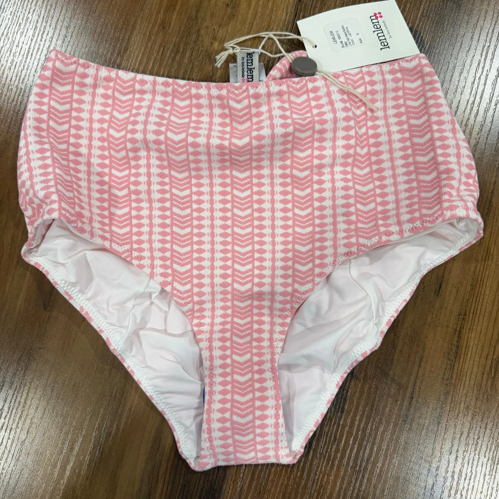 LEMLEM Lola Stretch Jacquard High Rise Girly Bikini Briefs Pink Bow Small - Image 2