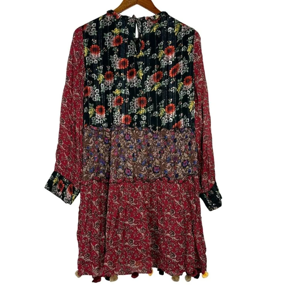 Zara Floral Patchwork Tiered Pompom Semi Sheer Peasant Mini Dress M Black Red - Image 14