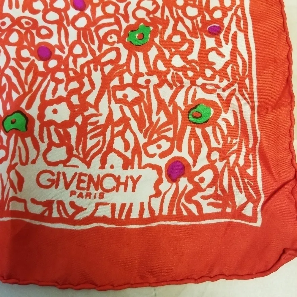 {26" X 26"} Vintage Givenchy Paris Scarf Abstract Orangy-Red Green Purple White - Image 3