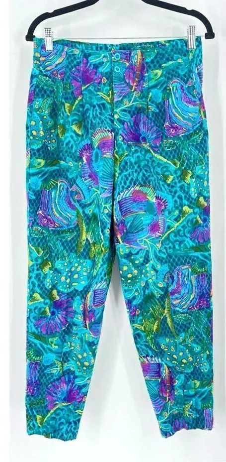 Vintage Windridge Womens Tropical Fish Print Pleated cropped Pants Medium Wacky Blue - Image 1