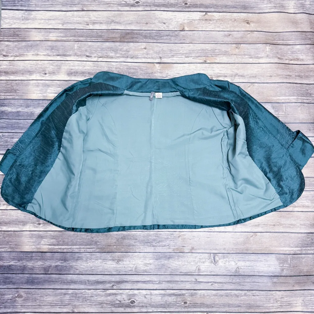 Anu Teal Dupioni Silk Embroidered 3/4 Turn Up Cuff Sleeve Open Jacket Large Blue - Image 8