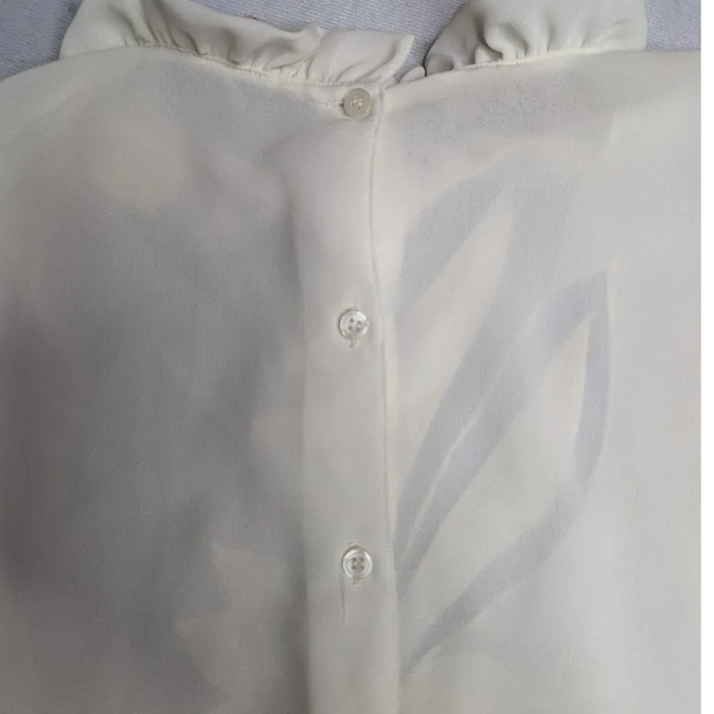 Vtg 1980s Cali Ivory Floral Applique Ruffle Cuff Back Button Blouse 40 XL - Image 3