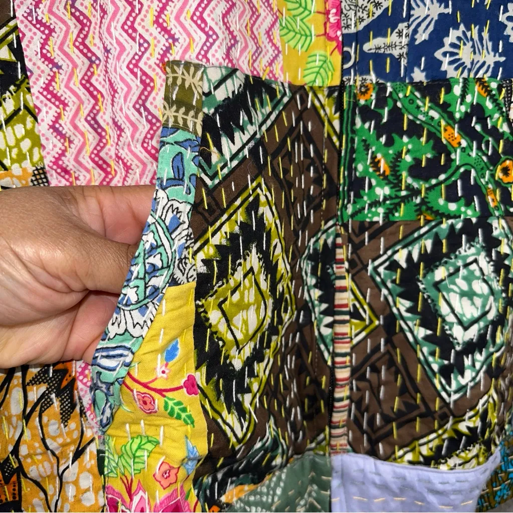 Raj Jacket Womens XL Multicolor Hooded Patchwork Quilted Kantha Full Zip NWT Blue - Image 4