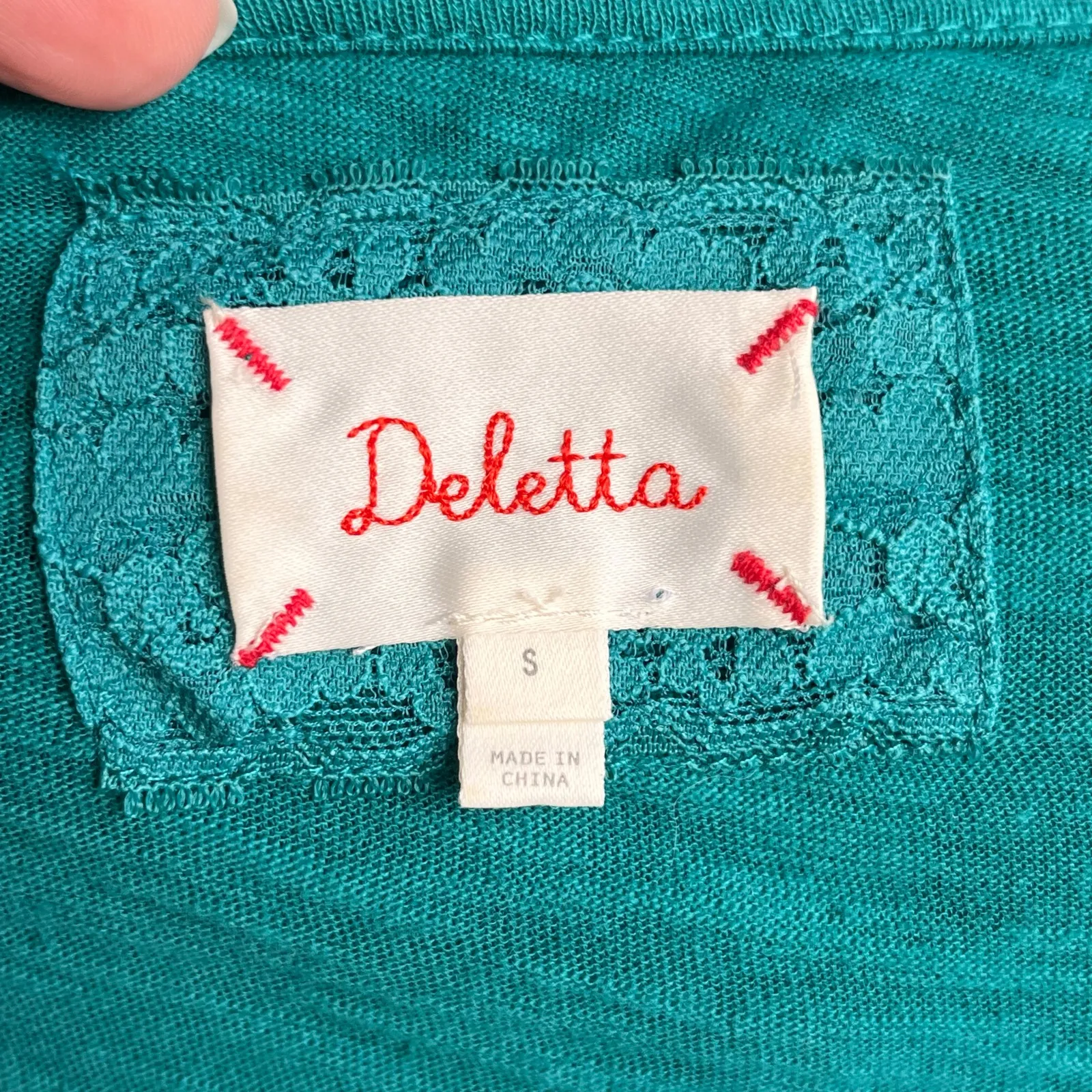 Anthropologie Deletta Women's Teal Beaded Neck Short Sleeve Top Size S - Image 6