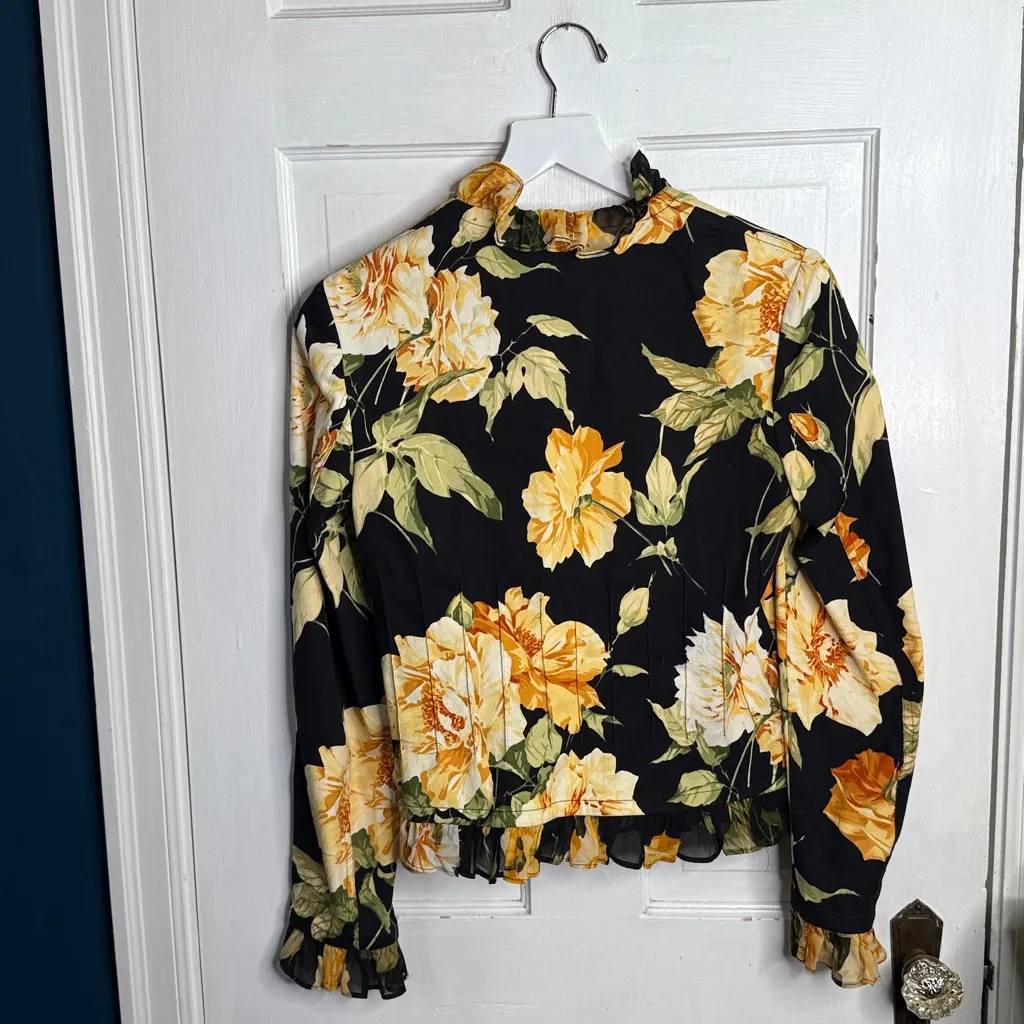 St. John Sport by Marie Gray Floral Ruffle Trim Blazer Jacket W1888 Sz 2 Black - Image 8