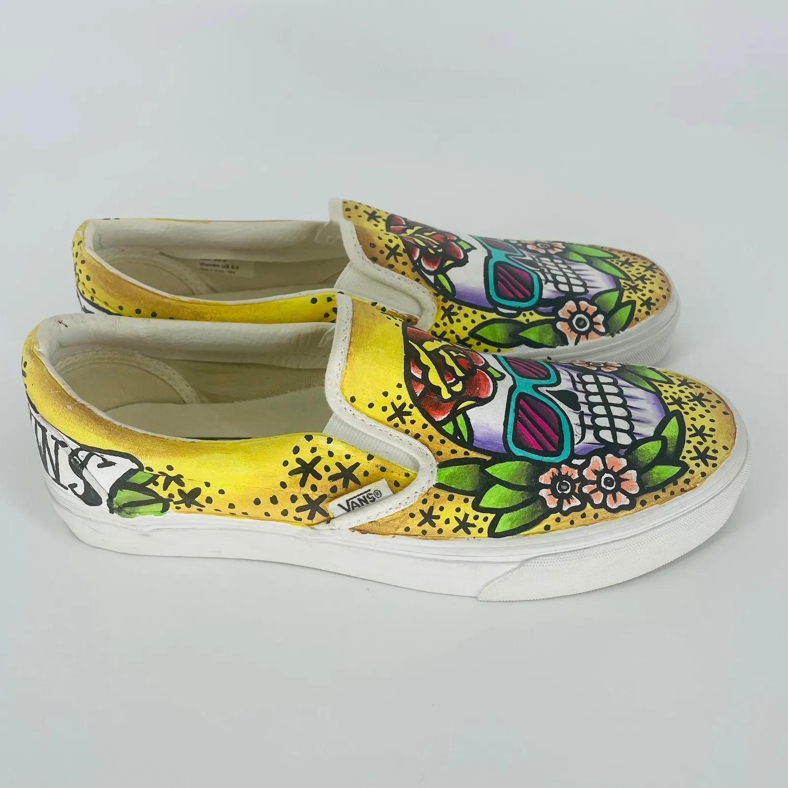 Vans Slip On Custom Painted Shoes Sugar Skull Rose Tattoo Art Yellow Size US 9.5 - Image 3