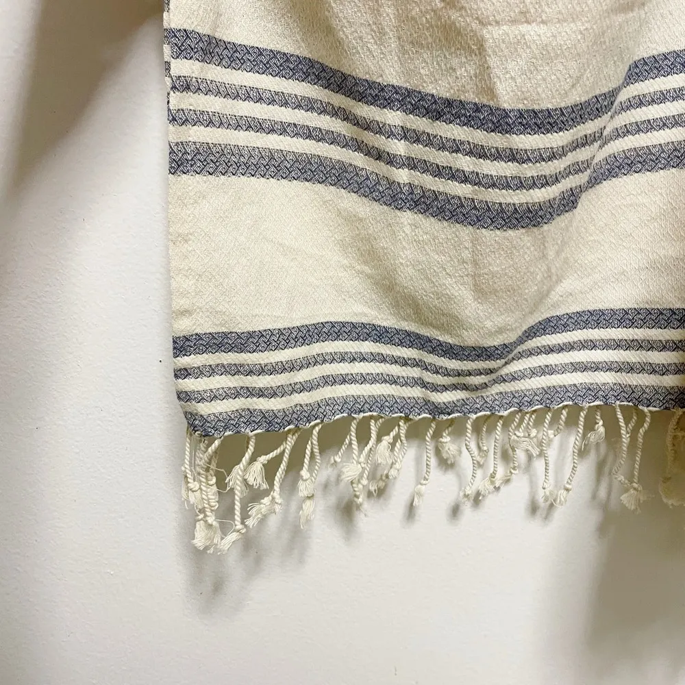 Tribe Alive Caftan Blue Cream Cotton Beach Coverup Poncho - Image 2