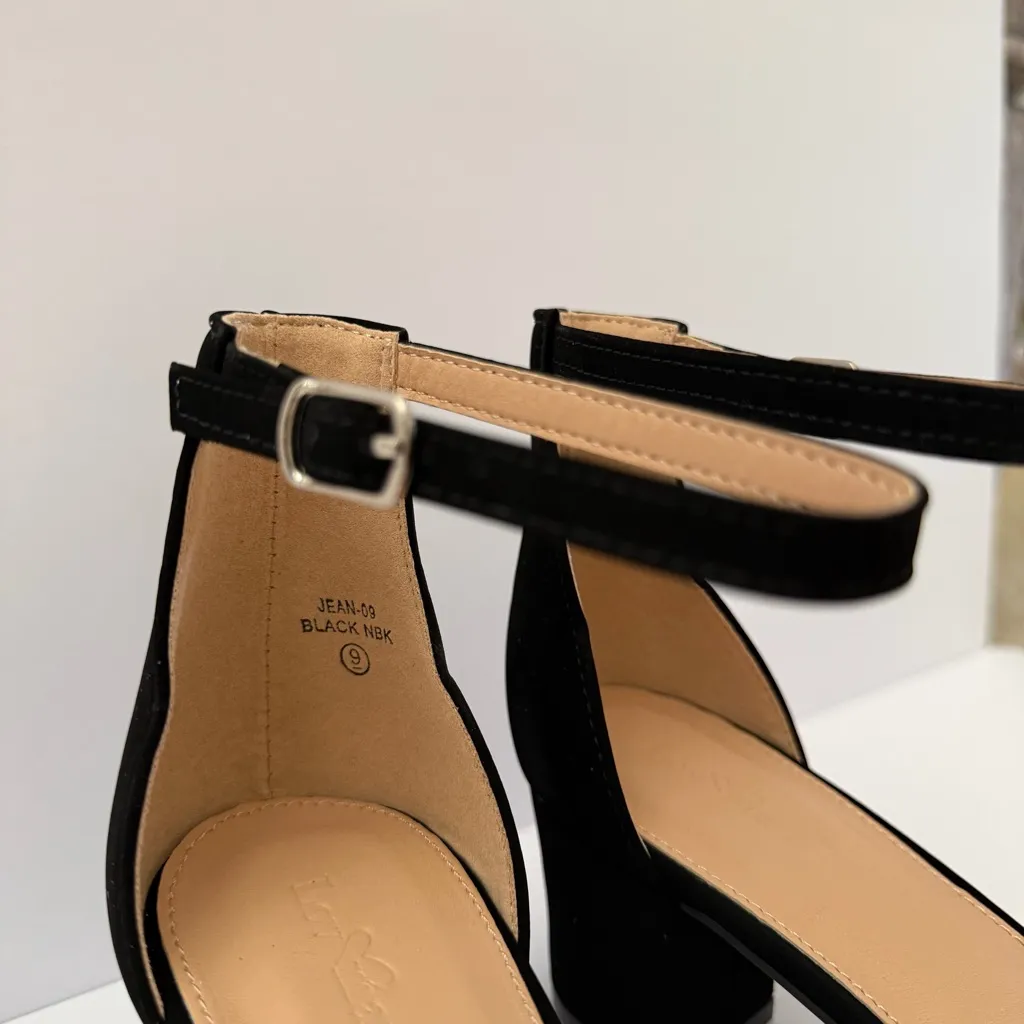 Lovmark Black Suede Ankle Strap Block Heel Velvet Women’s 9 Dress Classic Heels - Image 4