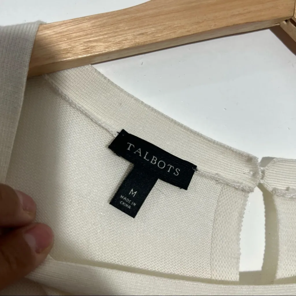 Talbots Pointelle Pull-on Sweater 3/4 Sleeve Ivory w Red Blue Stripes Medium‎ - Image 5