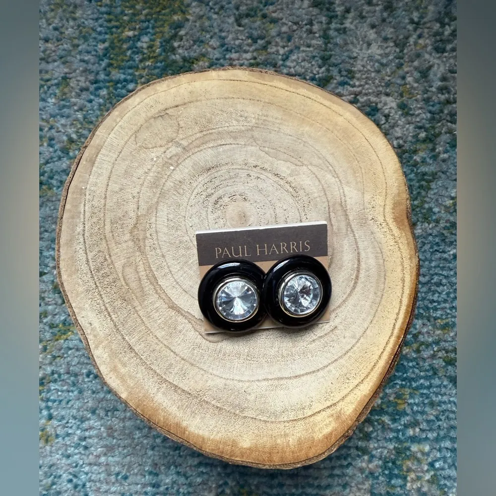 NOS vintage Paul Harris round faux crystal black enamel pierced stud earrings - Image 2