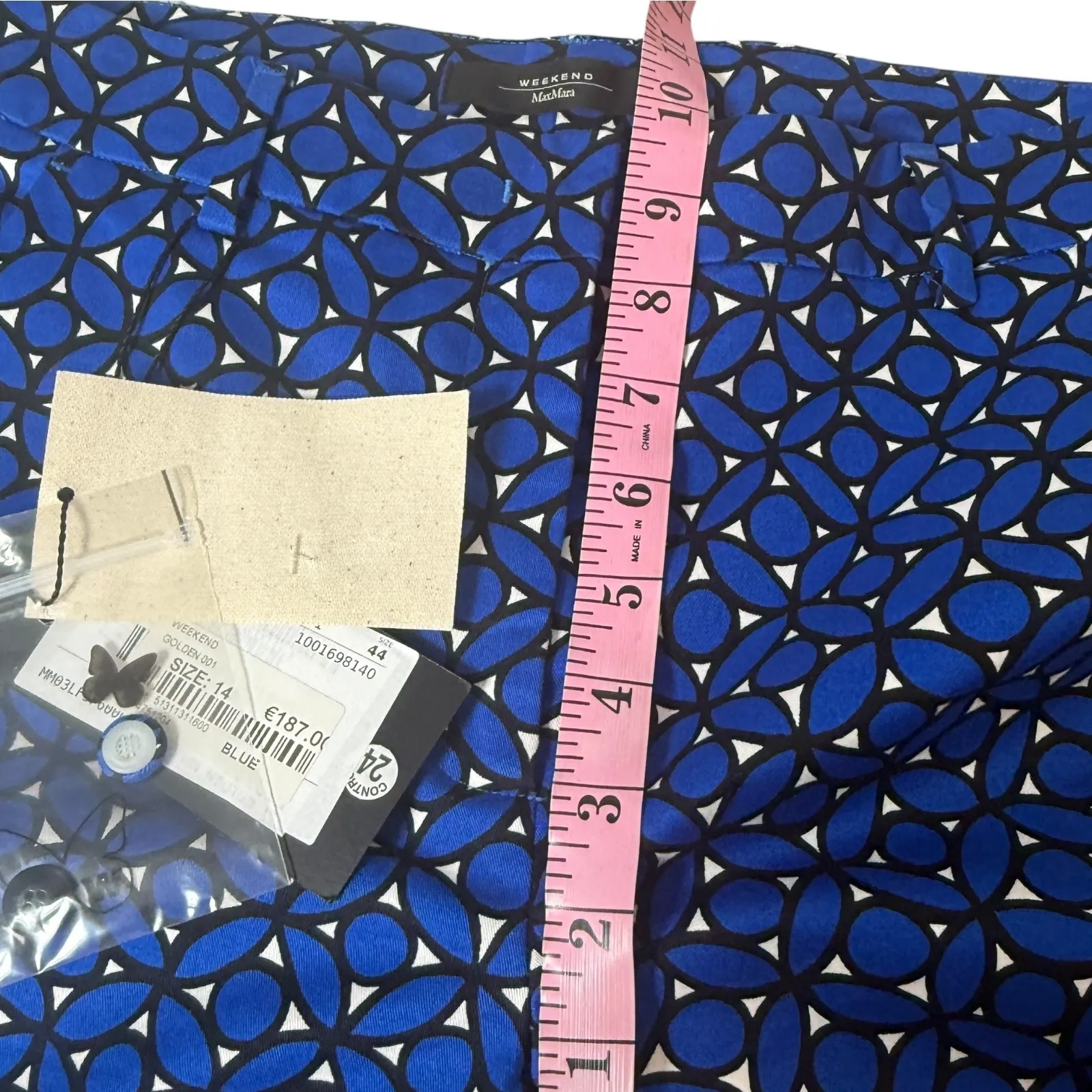 Weekend Max Mara Blue Geometric Cigarette Cropped Pants Size 32 US 10 Designer - Image 8