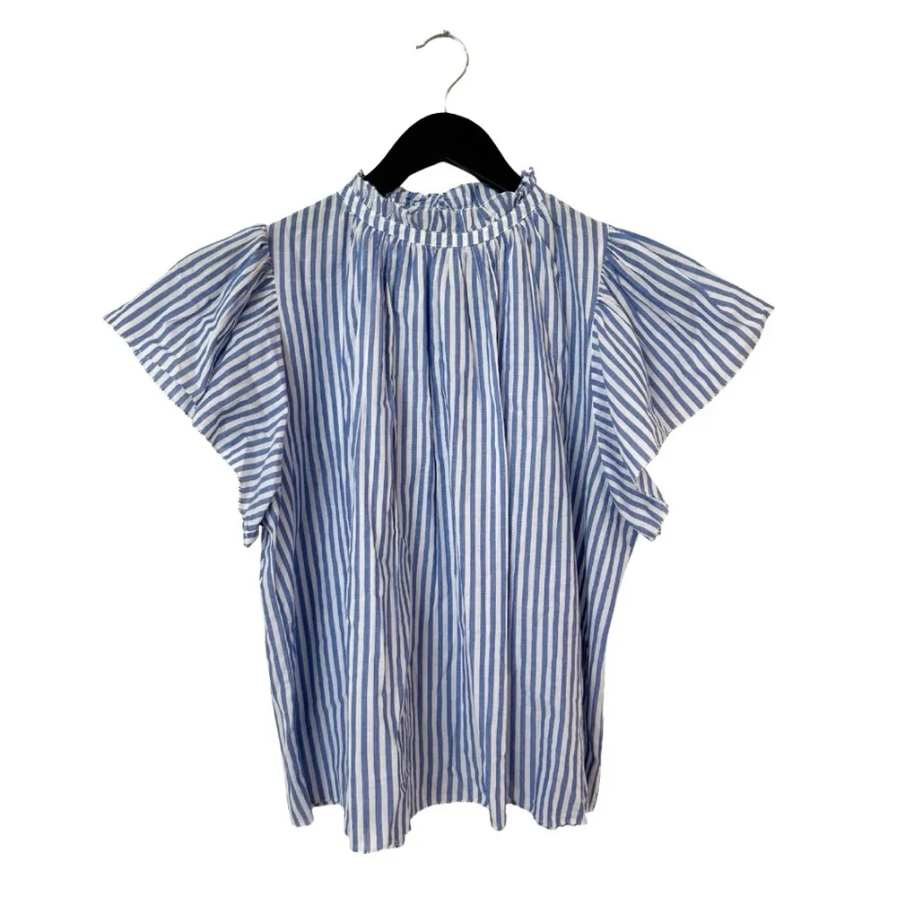 Trovata Small Carla‎ Highneck Shirt in Blue White Stripe Flutter Sleeve Preppy - Image 10