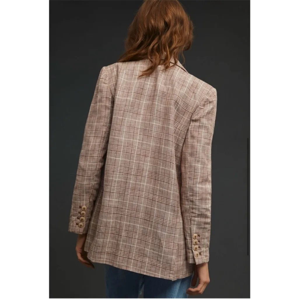 Maeve by Anthropologie Double-Breasted Plaid Blazer, Brown and White, Size 8 - Image 2