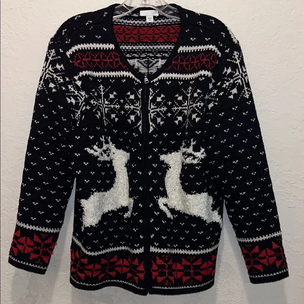 Vintage Christmas Sweater Snowflakes and Reindeer Sweater Fair Isle design Red Size M - Image 2