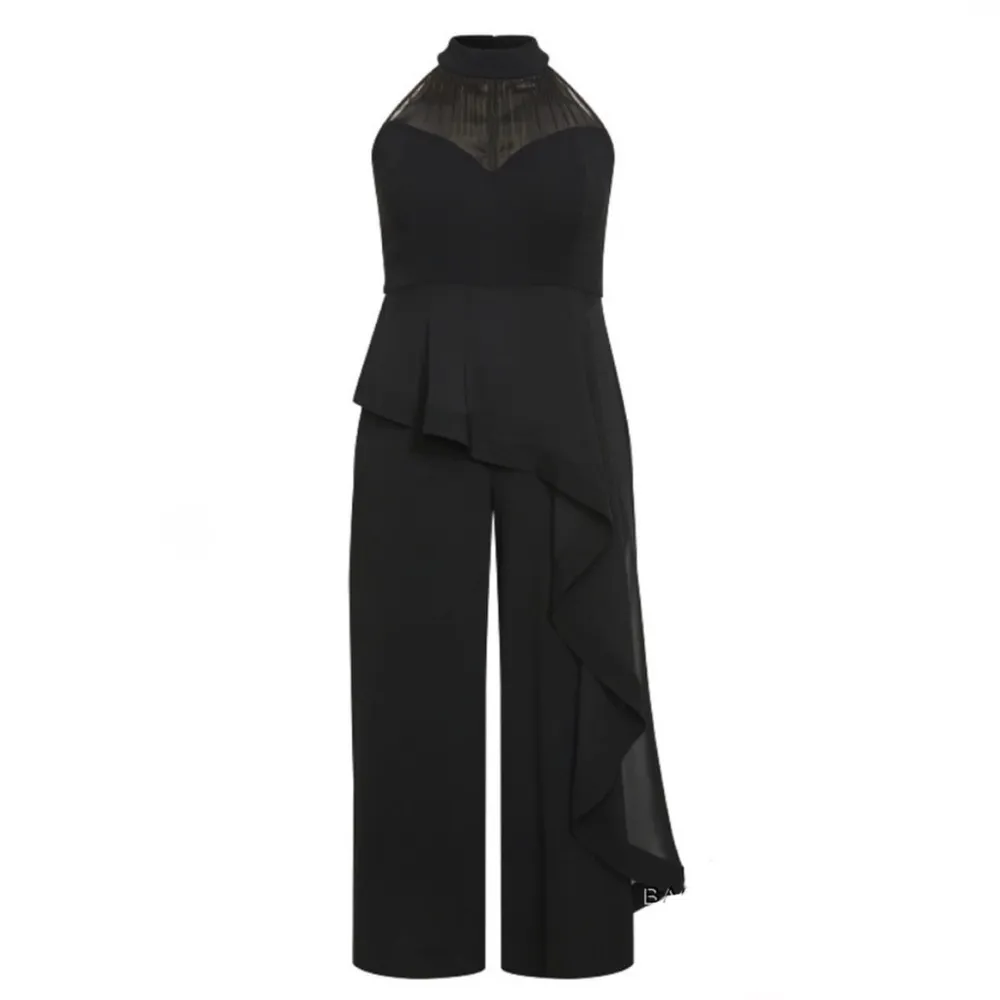 City Chic Mika Halter Jumpsuit Sheer Asymmetrical Ruffle‎ Overlay Wide Leg 20 - Image 3