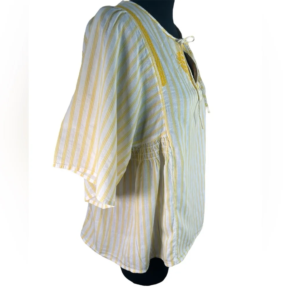 Boho embroidered striped neck tie closure tropical short sleeve cotton tunic - Image 2