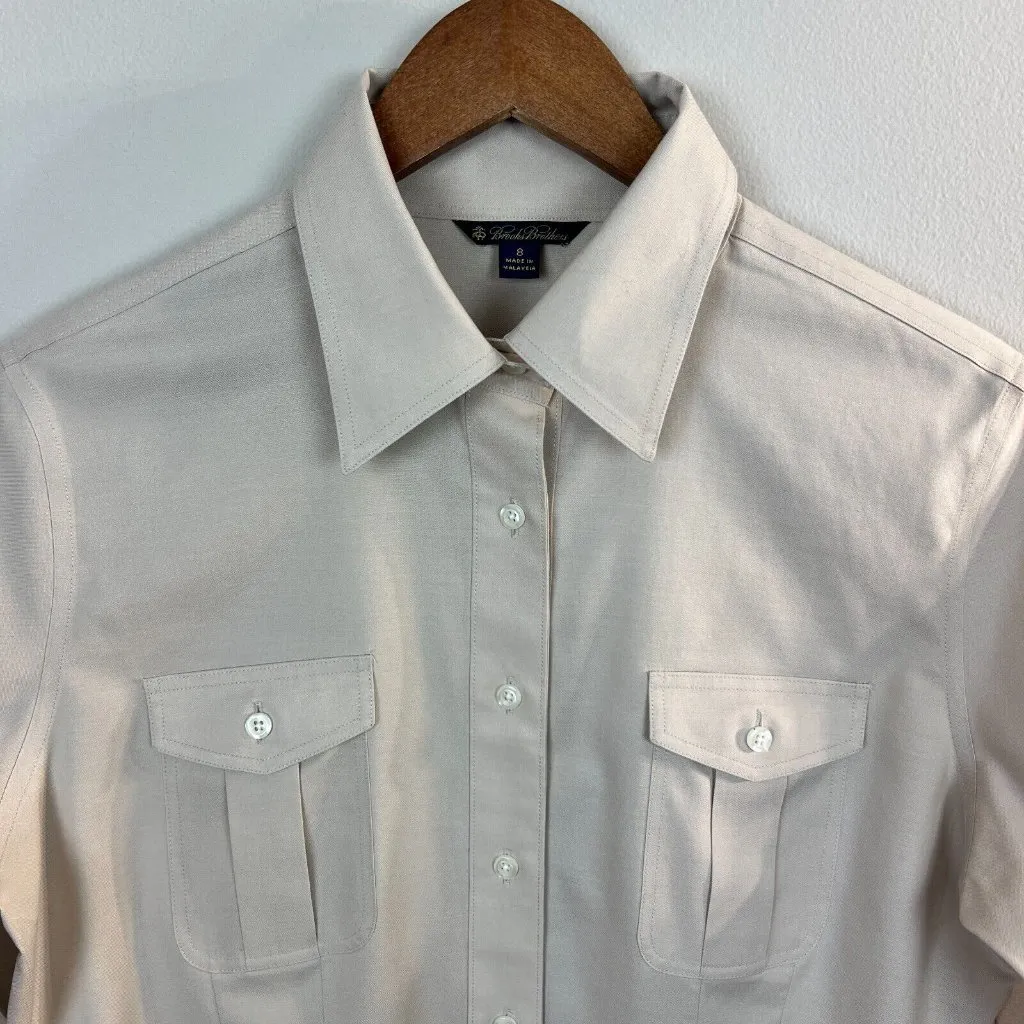 Brooks Brothers‎ Shirt Dress 8 Beige Cargo Safari Belted Long Sleeve Pockets - Image 2