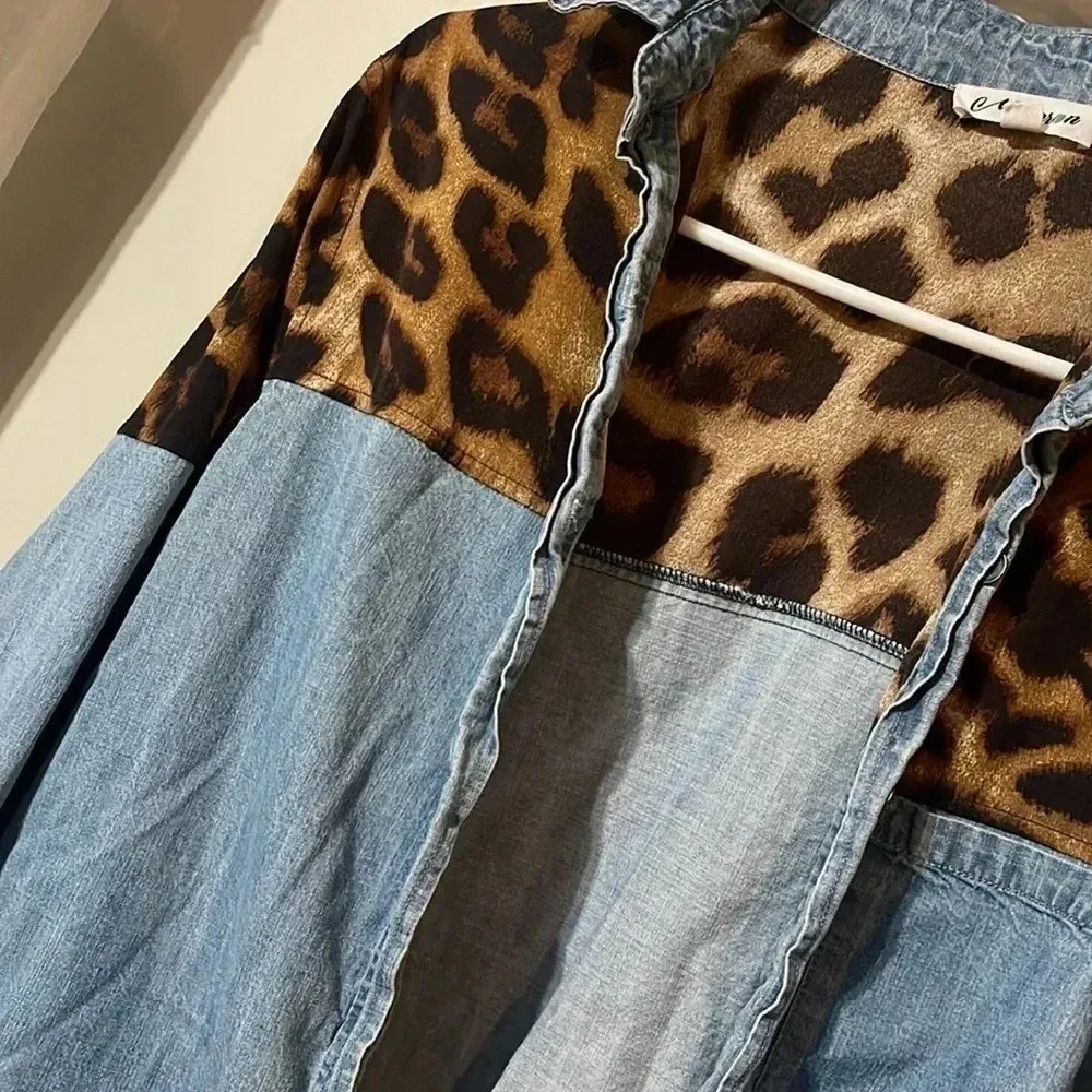 Washed Denim Button Down Shirt with Leopard Cheetah Contrast Blue - Image 12