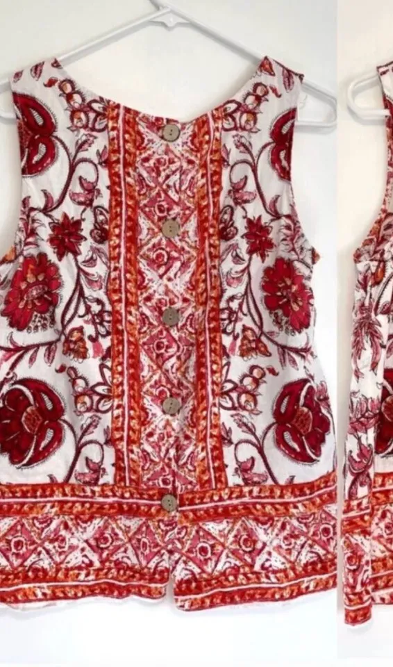 NICOLE MILLER White Red Orange Floral Border Print Button Back Linen Tank Blouse - Image 2